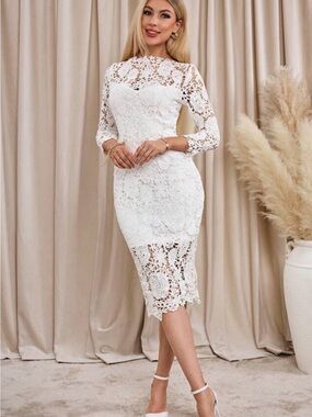 White Lace Maxi Dress Small Long Sleeve Formal Dress